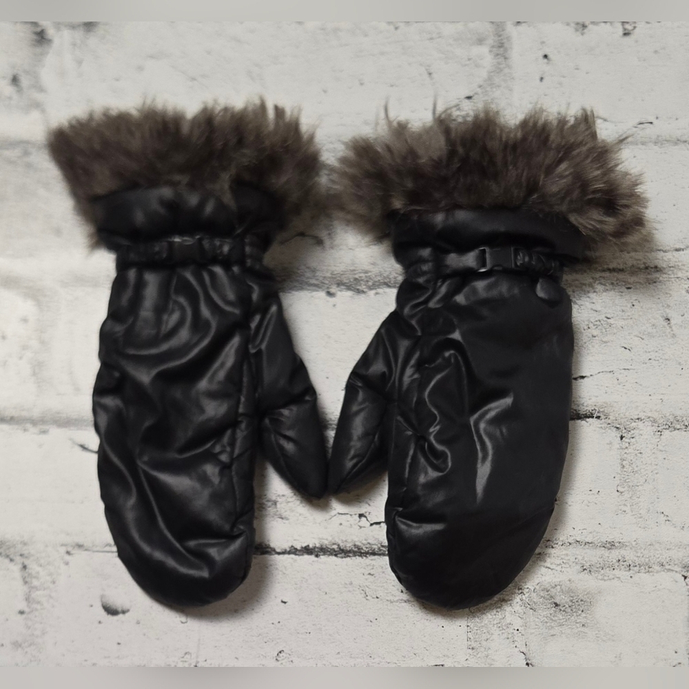 Indigo Black Faux Fur Trim Mittens Warm Winter Snow Gloves Cozy S/M